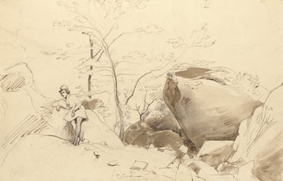 Fontainebleau, Figure Leaning Against a Rock by Jean Baptiste Camille Corot